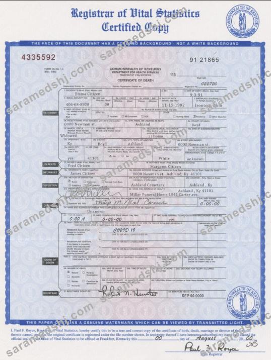 USA Kentucky state death certificate template in PSD format